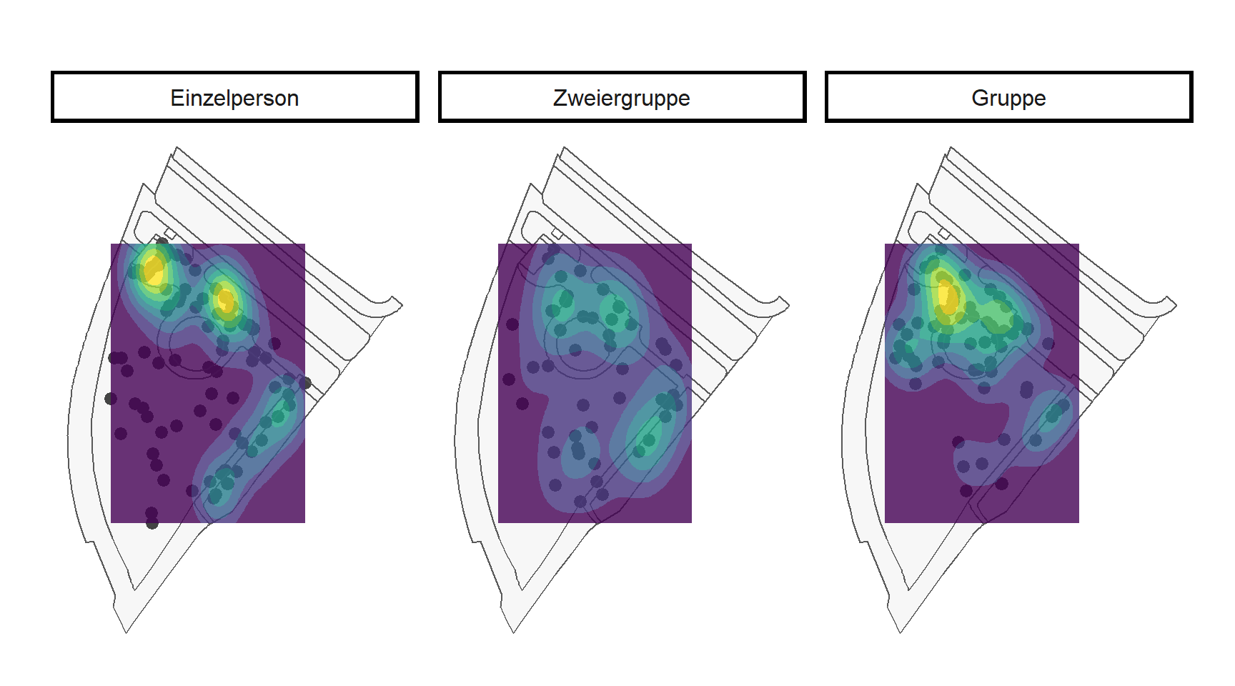 Räumliche Verteilung der Personen während den Beobachtungen im Sihlhölzlipark im September 2020 visualisiert mittels einer Heatmap. Dargestellt sind alle Erfassungen während den Beobachtungstagen.