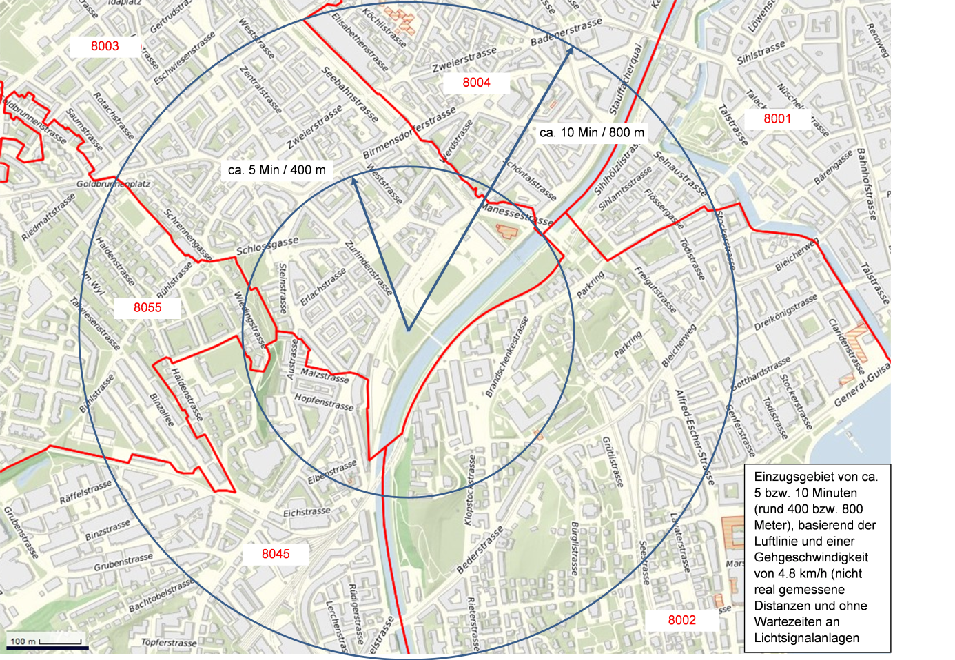 Einzugsgebiet von 400 m bzw. 800 m um den Sihlhölzlipark nach Luftliniendistanz.