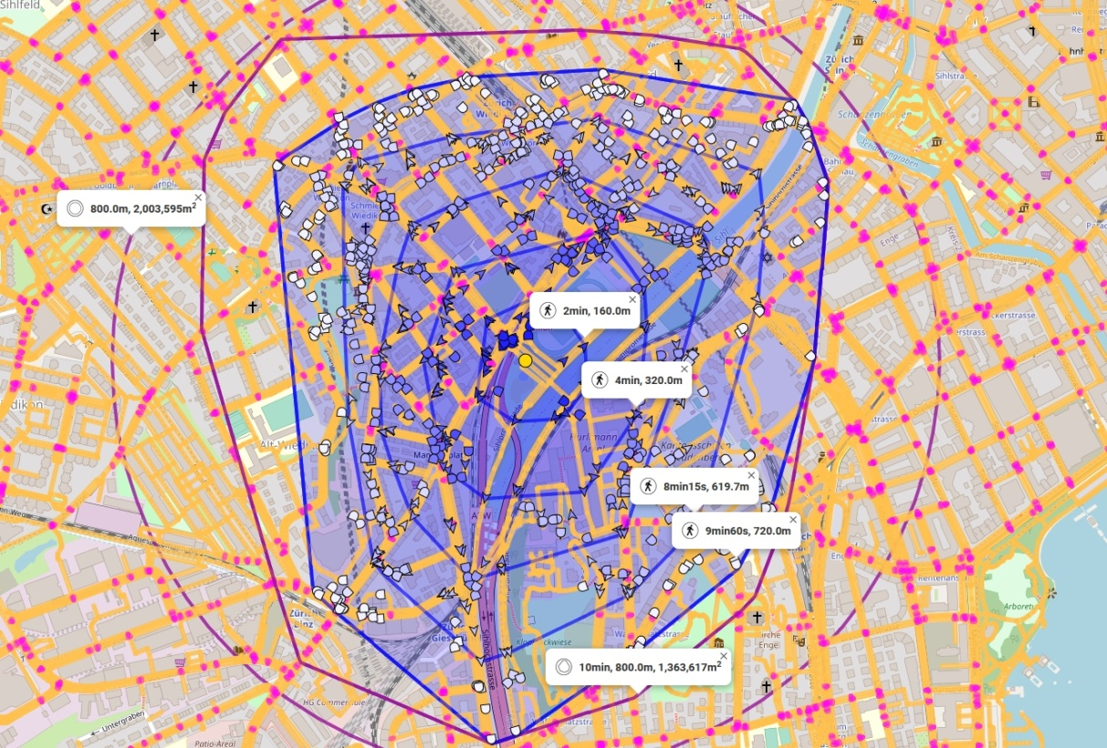 Gesamtes Einzugsgebiet des Sihlhölzliparks gemäss pedcatch.com mit bis zu 10 Minuten bzw. 800 Metern Fusswegdistanz. Der gelbe Punkt markiert den Eingang des Sihlhölzliparks; die dunkelblauen Polygone zeigen den Einzugsperimeter nach Wegzeit und Distanz (z.B. 2 min und 160 m); der violette äussere Kreis markiert die 400 Meter Luftlinie.