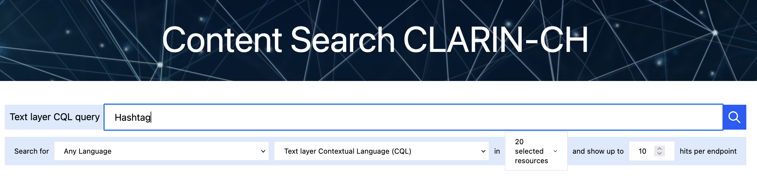 CLARIN-CH Content Search – entering a query “hashtag”