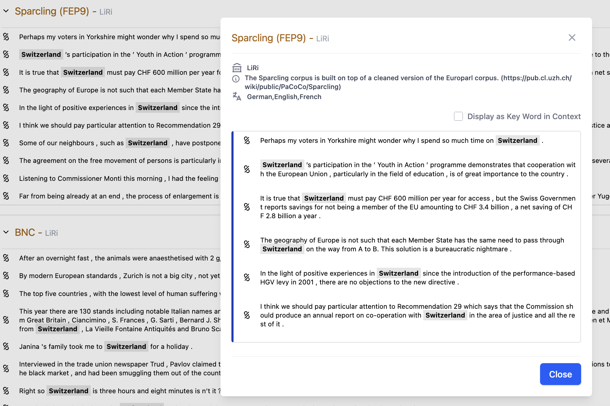 CLARIN-CH Content Search – results for “Switzerland” in the SPARCLING corpus