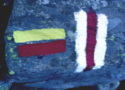 Auf dem dritten Bild waren zwei Markierungen auf einem Stein zu sehen. Die linke Markierung zeigt die Grenzen eines Wildtierschutzgebietes an, die rechte Markierung einen Bergwanderweg.