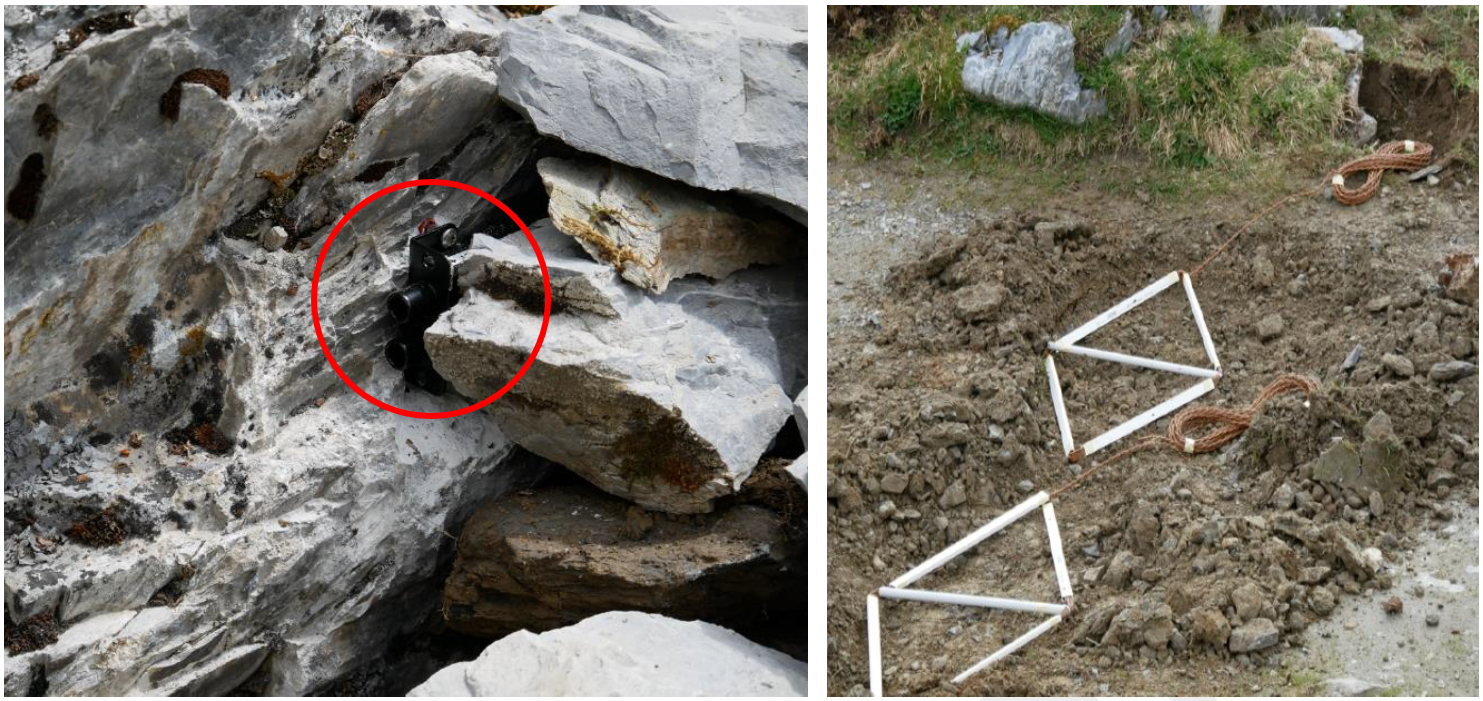 Links: Infrarotsensor, angebracht an einem Steinblock. Rechts: Induktionsschlaufen während der Montage.